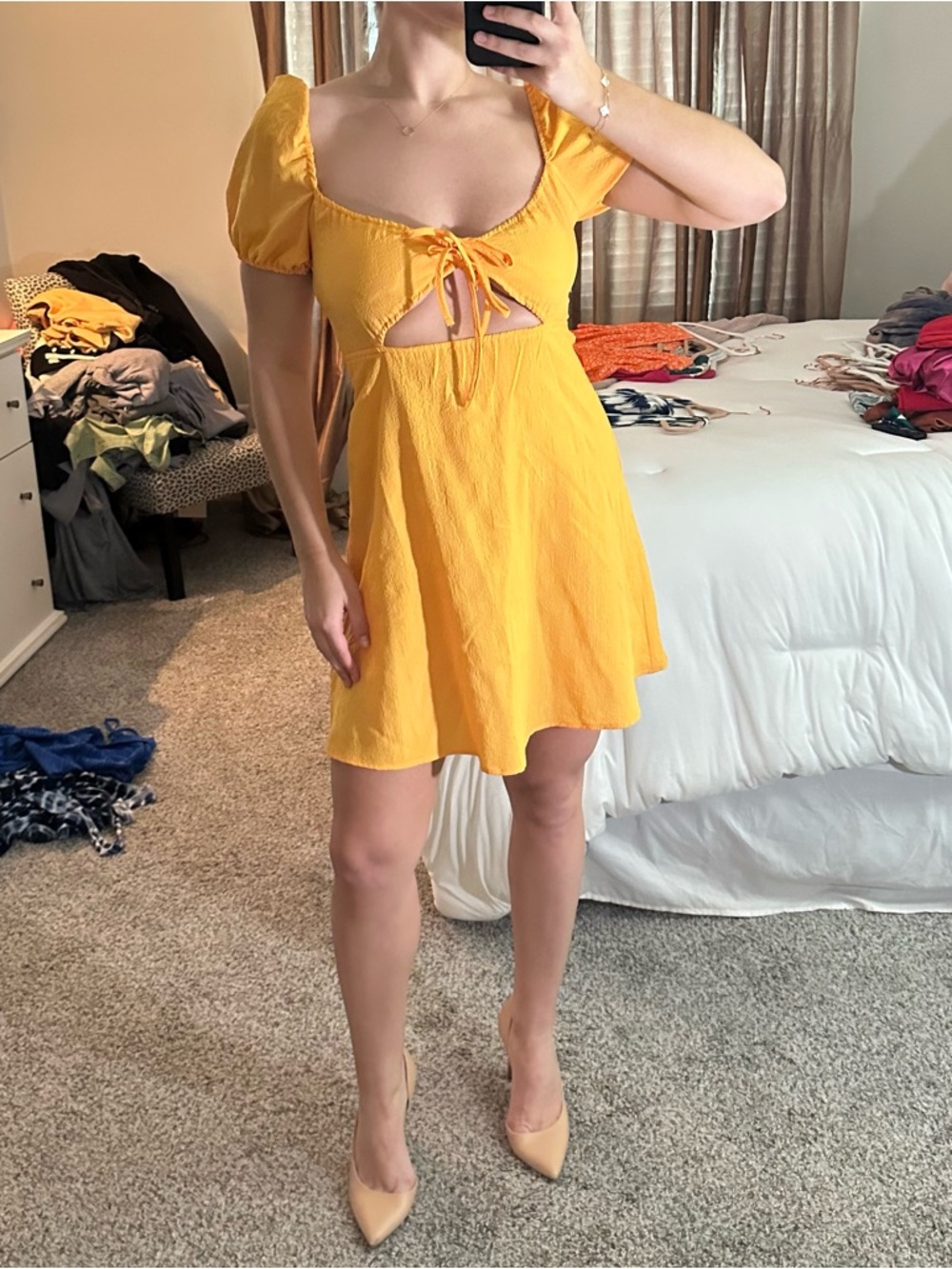 H&M Yellow Tie-Front Puff Sleeve Mini Dress